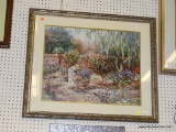 FRAMED VICTORIAN COURTYARD PRINT; THIS LARGE PRINT SHOWS A WOMAN IN A STONE COURTYARD SURROUNDED BY