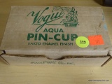 VINTAGE VOGUE AQUA PIN-CUP; GREEN BAKED ENAMEL FINISH OVAL SHAPED PIN-CUP/FLOWER FROG. PRODUCT OF