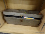 VINTAGE METAL TOOLBOX AND CONTENTS; GREY METAL TOOL BOX WITH HANDLE AND LATCH. INSIDE THERE IS A