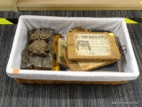 PARTIAL SHELF LOT OF VINTAGE ITEMS; THIS LOT CONTAINS A RECTANGULAR BASKET WITH A WHITE LINER FILLED