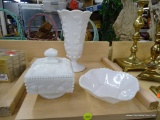 LOT OF ASSORTED MILK GLASS; 3 PIECE LOT TO INCLUDE A FLUTED VASE WITH GRAPE VINE PATTERN, A SQUARE