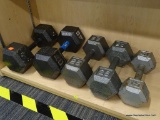 SET OF DUMBELLS; 1 IS A PAIR OF 40 LB WEIGHTS, 1 IS A PAIR OF 25 LB WEIGHTS, AND 1 IS A 15 LB