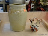 2 PIECE LOT; INCLUDES A F.C. WAYVIE ART POTTERY DOUBLE VASE AND A SALT GLAZED CROCK. MEASURES 8 IN