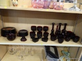 RUBY RED GLASSWARE LOT; INCLUDES 13 PLATES, 5 BERRY BOWLS, 2 DESSERT PLATES, 7 SAUCERS, 2 HEART