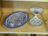 PARTIAL SHELF LOT OF ASSORTED GLASS AND PLATES; THIS 4 PIECE LOT INCLUDES: A PURPLE AND GREEN