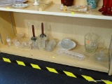 SHELF LOT OF ASSORTED GLASSWARE; THIS 18 PIECE LOT INCLUDES: A DIAMOND-CUT SUGAR AND CREAMER SET, 2