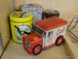 PARTIAL SHELF LOT OF VINTAGE TINS; THIS 4 PIECE LOT INCLUDES: A ROLLING CAMPBELL SOUP TRUCK TIN, AN