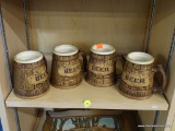 BEER MUGS; SET OF 4 PORCELAIN BEER MUGS THAT RESEMBLE WOOD AND READ 