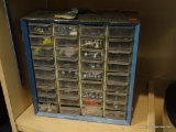 NUT AND BOLT ORGANIZER; 36 DRAWER, BLUE NUT AND BOLT ORGANIZER FULL OF HARDWARE. MEASURES 13 IN X