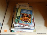 PARTIAL SHELF LOT OF VINTAGE COOKBOOKS; THIS LOT CONTAINS 21 SMALL PAPERBACK COOKBOOKS, MAGAZINES,
