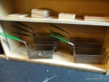 SHELF LOT OF FRYER BASKETS; THIS LOT CONTAINS 7 RECTANGULAR, WIRE FRYER BASKETS WITH GREEN, PLASTIC