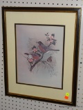 FRAMED BIRD PRINT; CLOSEUP DEPICTION OF A PAIR OF BIRDS SITTING IN A TREE WITH PINK FLOWERS AND A