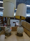 PAIR OF TABLE LAMPS; PAIR OF QUILTED AND SWIRL PATTERN TABLE LAMPS WITH SHADES. EACH MEASURES 22 IN