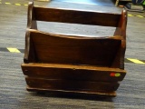 MAGAZINE HOLDER; PINE 2 SECTION MAGAZINE HOLDER WITH SLATTED BACK AND FRONT. MEASURES 17 IN X 8 IN X