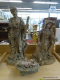 HOLY FAMILY STATUE SET; INCLUDES A STATUE OF JOSEPH, MARY, AND BABY JESUS IN THE MANGER. TALLEST