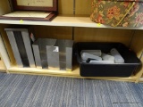 SHELF LOT; INCLUDES A BLACK WASH BASIN, PLASTIC BOTTLES, STEEL ORGANIZERS, ETC.