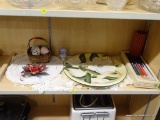 ASSORTED LOT; INCLUDES A MAGNOLIA FLOWER PATTERN SERVING PLATTER, A BOX OF 12 IN TAPER CANDLES,