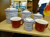 4 PIECE CANISTER SET; INCLUDES A 4 PIECE BLUE AND WHITE CANISTER SET BY JAY IMPORTS (2 SMALL, 1