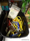 TUB LOT; INCLUDES EXTENSION CORDS, A TAPE GUN, HAND SAW, A BOW SAW, AND MORE!