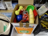 BOX LOT OF DOG TOYS; INCLUDES TENNIS BALLS, RUBBER BONES, PLUSH DOGGIE CHEW TOYS, AND MORE!