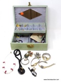 (SC) JEWELRY BOX WITH CONTENTS; INCLUDES NECKLACES, BROOCHES, LADIES WATCHES, AND MORE!