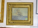 ANTIQUE FRAMED PRINT; DEPICTS A SAILING SHIP OUT ON THE HIGH SEAS AT FULL SAIL. IN AN ANTIQUE GOLD