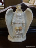 PORCELAIN ANGEL FIGURINE; WHITE AND GOLD TONED PORCELAIN ANGEL FIGURINE WITH 2 SMALL CHILDREN.