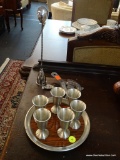 BAR ITEMS; INCLUDES A LAYERING SPOON WITH JIGGER, A STRAINER, AND 6 PEWTER CORDIALS WITH UNDERTRAY.
