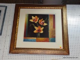 LARGE FLORAL STILL LIFE IN GOLD COLORED FRAME; SHOWS A GROUP OF BRIGHTLY COLORED FLOWERS WITH