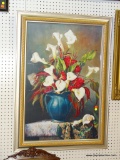 LARGE FLORAL STILL LIFE IN GOLD COLORED FRAME; SHOWS A BLUE AND GOLD TONED VASE FILLED WITH A