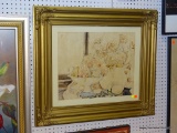 WATERCOLOR STILL LIFE; DEPICTS A BOWL AND PITCHER FILLED WITH FRUIT AND FLOWERS. HAS OFF-WHITE