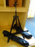 ART EASELS; 2 BLACK METAL ART EASEL WITH ADJUSTABLE LEGS AND CANVAS HOLDERS. BOTH ARE IN VERY GOOD