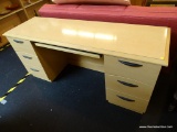 MAPLE COMPUTER DESK BY MILLER; DOUBLE PEDESTAL DESK WITH A KEYBOARD TRAY, AND 4 DRAWERS (2 ARE FILE