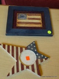AMERICAN FLAG LOT; INCLUDES A STAR SHAPED CANDLE HOLDER AND A FRAMED FLAG PRINT IN A BLUE FRAME