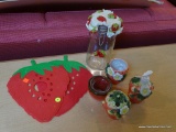 STRAWBERRY LOT; INCLUDES A TOOTHBRUSH HOLDER, A SOAP DISPENSER, A RAZOR HOLDER, A VOTIVE HOLDER, A