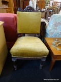 VICTORIAN SIDE CHAIR; HAS YELLOW UPHOLSTERED SEAT AND BACK WITH MAHOGANY BONES AND SHERATON STYLE