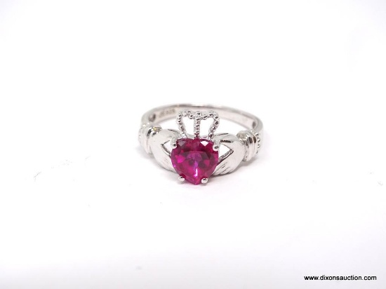 LADIES .925 STERLING SILVER 1-1/2 CT. RUBY CLADDAGH RING. RING SIZE 7-1/4. WEIGHS 3.3 GRAMS.