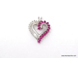 LADIES .925 STERLING SILVER 2 CT. RUBY & CZ HEART PENDANT. MEASURES 1 IN. BY 1 IN.