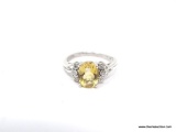 LADIES .925 STERLING SILVER 2 CT. CITRINE & DIAMOND RING. RING SIZE 7-1/4.