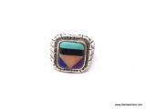 NATIVE AMERICAN .925 STERLING SILVER ZUNI GEMSTONE RING. RING SIZE 6-1/2. WEIGHS 11.5 GRAMS.