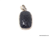 LARGE UNISEX .925 STERLING SILVER 40 CT. FLORAL BLACK ONYX PENDANT. MEASURES APPROX. 2 IN. BY 3/4