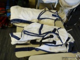 LOF OF ASSORTED HORSE BLANKETS; THIS 2 PIECE LOT INCLUDES A WEATHERBEETA WHITE AND NAVY STABLE