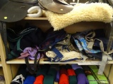 SHELF LOT OF ASSORTED HORSE BLANKETS; THIS LOT INCLUDES 7 HORSE BLANKETS INCLUDING COLORS, TURNOUTS,