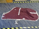 TRIPLE CROWN CUSTOM STABLE BLANKET; MADE BY DOVER SADDLERY. IS BURGUNDY AND CREAM IN COLOR AND