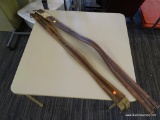 TWO USED 53 IN SHAPED LEATHER GIRTHS; TWO TWO-TONED BROWN LEATHER GIRTHS. READ 52 IN BUT MEASURE 53