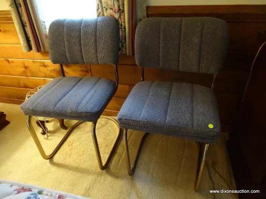 (MBR) SET OF CHROME SIDE CHAIRS; SET OF 2 BLUE UPHOLSTERED BACK AND SEAT VINTAGE SIDE CHAIRS SITTING