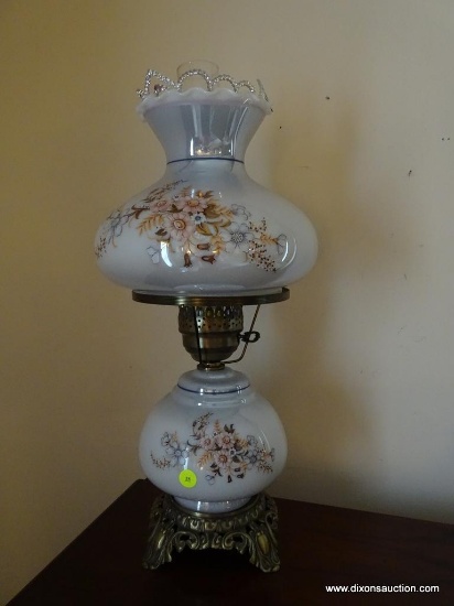 (MBR) VINTAGE GLASS TABLE LAMP; GONE WITH THE WIND STYLE TABLE LAMP WITH BLUE PEARL TONE FLUTED