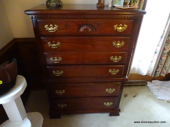 (MBR) MAHOGANY CHEST OF DRAWERS; TALL MAHOGANY CHEST OF DRAWERS WITH DENTIL MOLDING AROUND THE TOP.