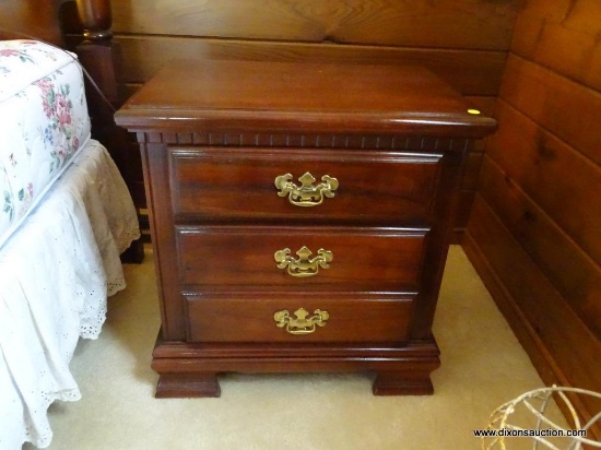 (MBR) MAHOGANY NIGHTSTAND; ONE OF A PAIR. THIS GHITSTAND HAS DENTIL MOLDING ALONG THE TOP, AND HAS 3