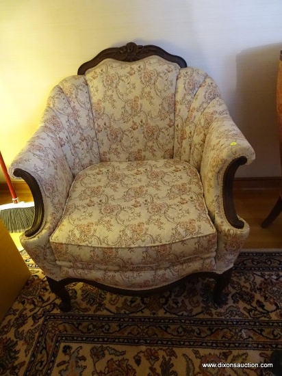 (LR) ARM CHAIR; "MASTERPIECE" BY FOGLE FURNITURE CO. HAS MAHOGANY BONES WITH A FLORAL UPHOLSTERY.